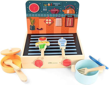 Leo & Friends 2-in-1 Mini Kitchen Wooden Play Set with 15-Pieces - Play-Pretend Toddler Toy for Girls and Boys Aged 24-Months and Older - Educational Kids Toy