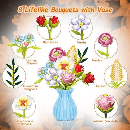 Flowers Bouquet Building Set with Vase, 8 Kinds Artificial Flowers Bouquet Set for Adults, Women, Girls, Idea Gifts for Mother's Day, Birthdays, DIY Unique Decoration for Home Room, 691PCS