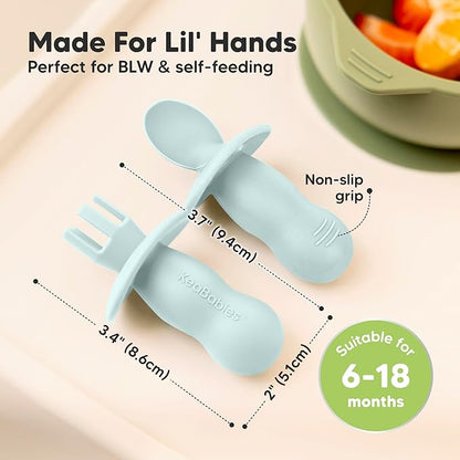 KeaBabies 4-Pack Silicone Baby Spoons and Forks Set - Baby Spoon Self Feeding, BLW Baby Utensils 6-12 Months, Baby Led Weaning Feeding Spoon, Teething Infant Baby Food Training Pre Spoon (Pastel Sky)