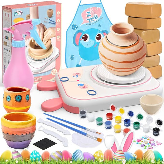 Skirfy Pottery Wheel for Kids-Art&Crafts Kits for Kids Ages 9-12 Clay Sculpting Tools & Painting Kit,Easter Birthday Gift Girls Toys 8-10,DIY Kits Clay Maker for Beginners with 6 Packs Modeling Clays