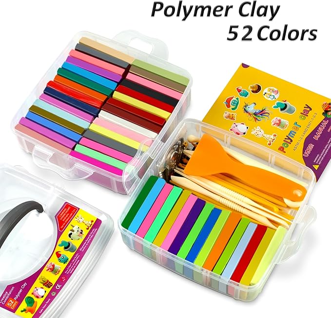 Polymer Clay 52 Colors, Modeling Clay for Kids, Non-Sticky Oven Bake Clay with Sculpting Tools and Accessories, Halloween Christmas Gift for Children and Artists.