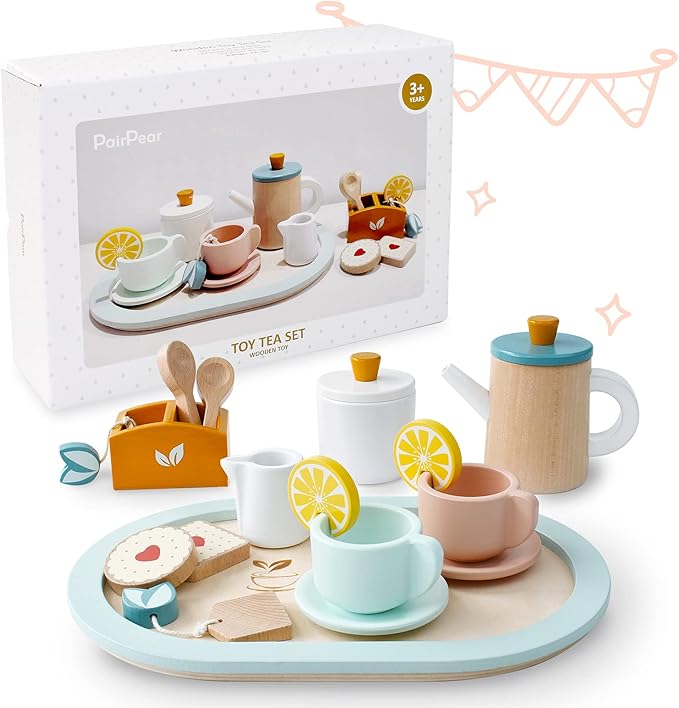 PairPear Wooden Tea Set for Little Girls, Wooden Toys Toddler Tea Set Play Kitchen Accessories for Kids Tea Party with Play Food