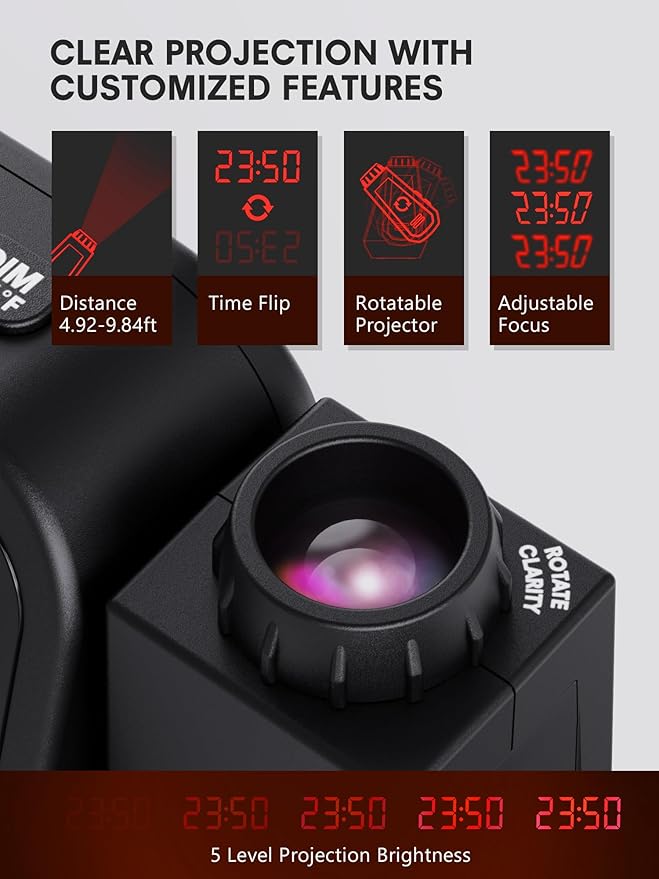 Projection Alarm Clock for Bedroom Ceiling, Digital Clock Projector with Weekday/Weekend Mode, Date, Temperature, Humidity, Type-C USB Charger, Night Light, Dual Alarms, DST, Dimmer,12/24H