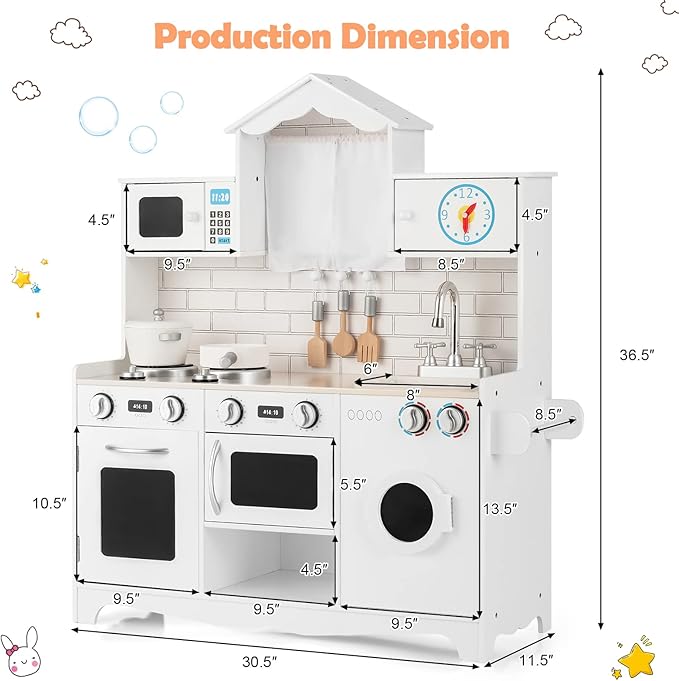 HONEY JOY Kids Kitchen Playset, 31 Inch Rooftop Wooden Play Kitchen for Toddlers, Microwave, Clock, Washing Machine, Cookware, Little Chef Pretend Play Toy Kitchen Set, Gift for Boys Girls, White