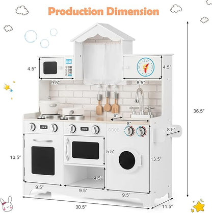HONEY JOY Kids Kitchen Playset, 31 Inch Rooftop Wooden Play Kitchen for Toddlers, Microwave, Clock, Washing Machine, Cookware, Little Chef Pretend Play Toy Kitchen Set, Gift for Boys Girls, White