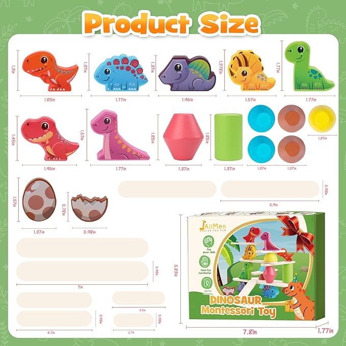 Montessori Dinosaur Toys for 1 2 3 4 Year Old Toddlers, Early Education Toys for Ages 2-4 Boys Girls Kids, Wooden Dinosaur Blocks Sorting & Stacking & Balance Toys, Ideal Preschool Birthday Gift