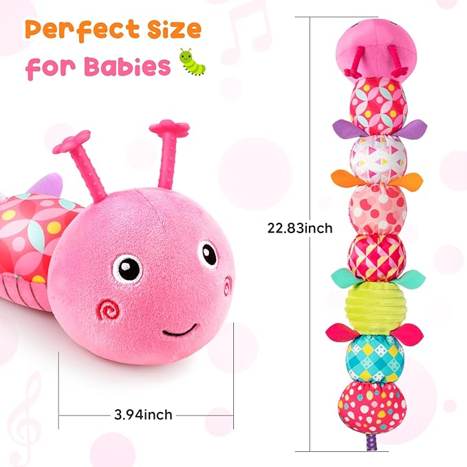 Baby Toys Musical Caterpillar, Infant Stuffed Animal for 0-6 6-12 Months with Crinkle and Rattles, Tummy Time Sensory Toys Newborn Boys Girls Gifts 0 3 6 9 12 Months - Pink