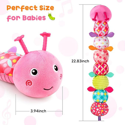 Baby Toys Musical Caterpillar, Infant Stuffed Animal for 0-6 6-12 Months with Crinkle and Rattles, Tummy Time Sensory Toys Newborn Boys Girls Gifts 0 3 6 9 12 Months - Pink