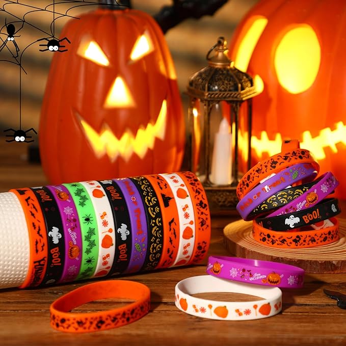 JUNEBRUSHS Halloween Party Favors, 24pcs Halloween Silicone Bracelets Rubber Wristbands for Halloween Party Decorations Trick or Treat Goodie Bag Stuffers Fillers Accessories Supplies(8 Designs)