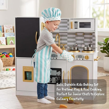 Kid Apron and Chef Hat Set, 3 Pcs Children Cooking Baking Set Kits Role Play Chef Toy Kid Cooking Gift for Girls Boys (Blue)