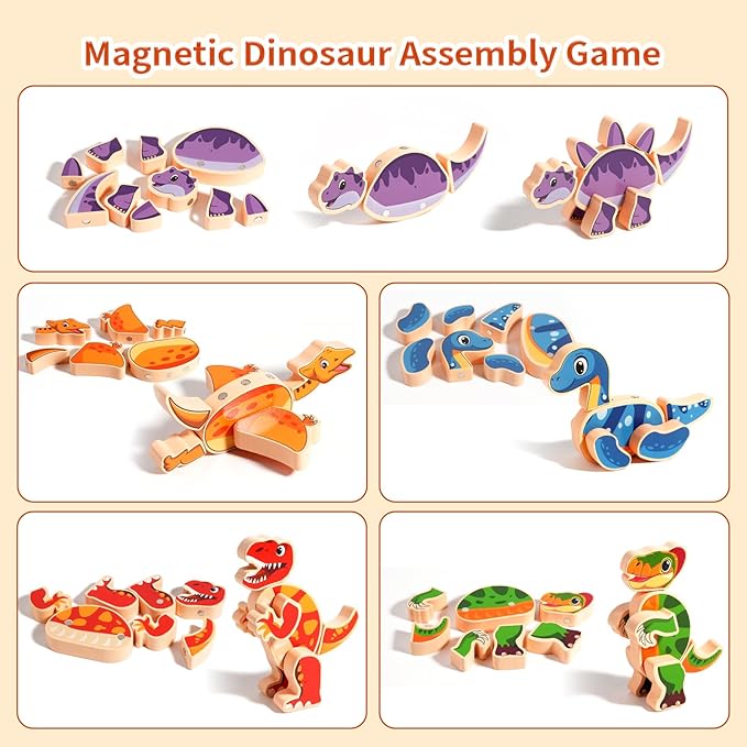 INIFEIDALA Wooden Magnetic Take Apart Dinosaur Building Blocks, Build Your Own Dinosaur Playset, STEM Montessori Educational Toy for Fine Motor Skills, Birthday Gift for 3-6 Year Old Boys Girls