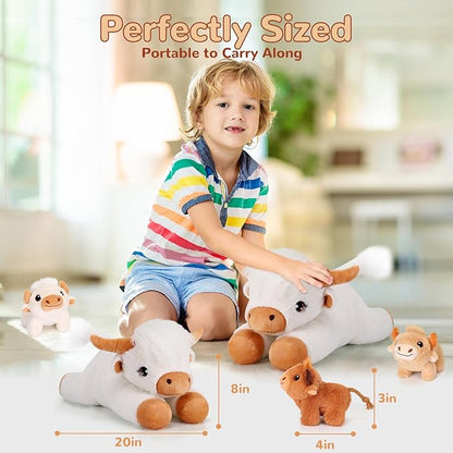 4 Pieces Highland Cow Stuffed Animals - 1 Mommy Stuffed Highland Cow with 3 Babies - White Cow Gifts for Girls Age 3-8, Cows Plush Toys for Christmas, Valentine's, Birthday Gifts (White)