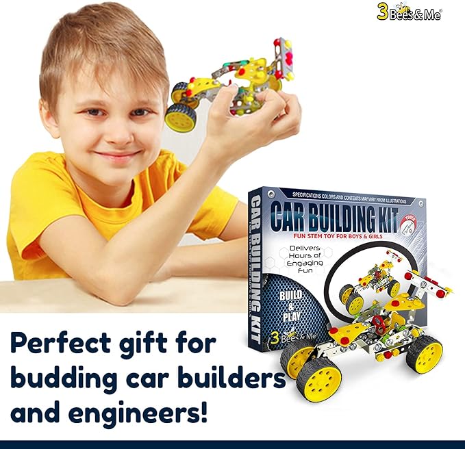 3 Bees & Me STEM Car Building Erector Toy Kit | Educational Metal Project for Boys and Girls Aged 8-11 Years Old (Ages 6-7 with Help) Beginner Gift Set for STEM Learning and Junior Engineers