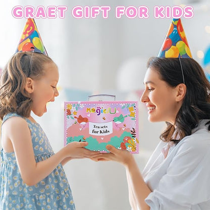 Tea Party Set for Little Girls, Tin Tea Set with Gloves Fan Necklace Bracelet Dress Up Accessories, Princess Tea Time Toys, Kitchen Pretend Play Toy, Birthday Gifts for Kids Toddler Age 3-8