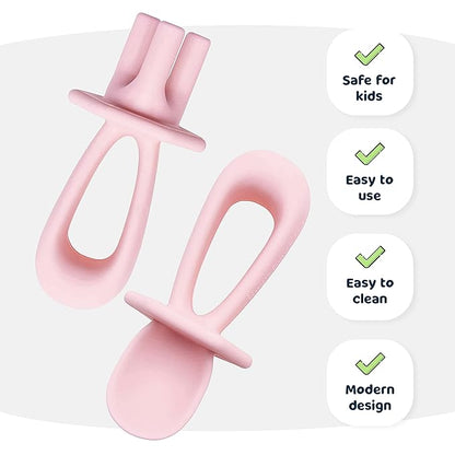 Tiny Twinkle Silicone Training Utensils - Baby Spoons and Baby Forks For Self-Feeding Training - Silicone Baby Led Weaning Utensils For Toddlers And Babies 6-24 Months - Baby Feeding Supplies (Rose)