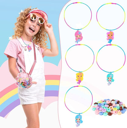 FLYINGSEEDS Mermaid Necklace Making Kit for Little Girls, Beads Jewelry Toys with Shoulder Box, Beaded Arts and Crafts Best Gifts for Toddlers Kids Age 3-5 4-6 7 8 9 10