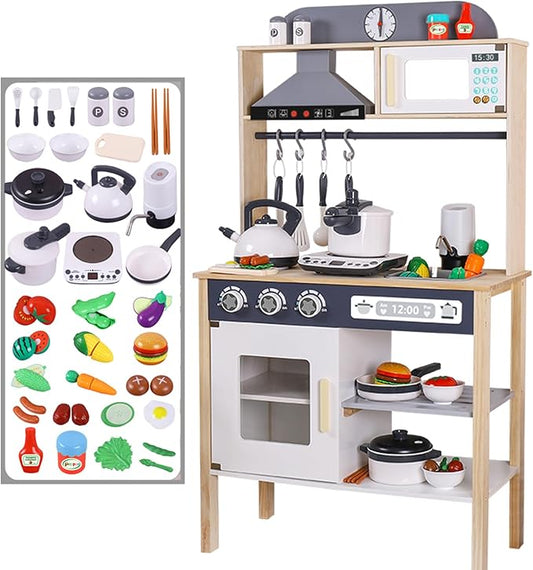 BESTATMTOY Kitchen for Kids, Wooden Kids Play Kitchen Playset Chef Pretend Play Set for Toddlers with Real Lights & Sounds, Toys Kitchen with Toy Food & Cookware Accessories