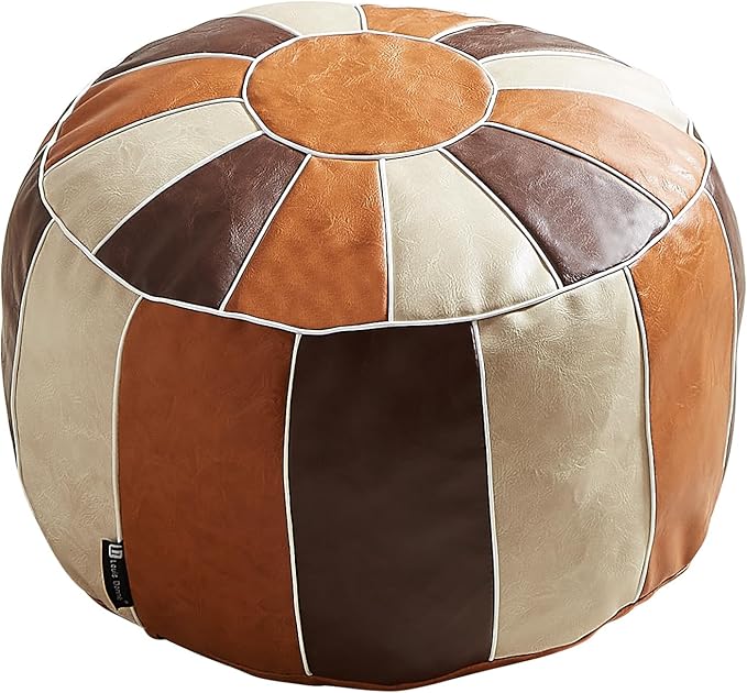 Louis Donné Unstuffed Pouf Ottoman Cover, Faux Leather Foot Stool for Foot Rest, Moroccan Style Pouffe Ottomans, 21" Round Handmade Small Bean Bag Covers for Storage, Footstools for Living Room