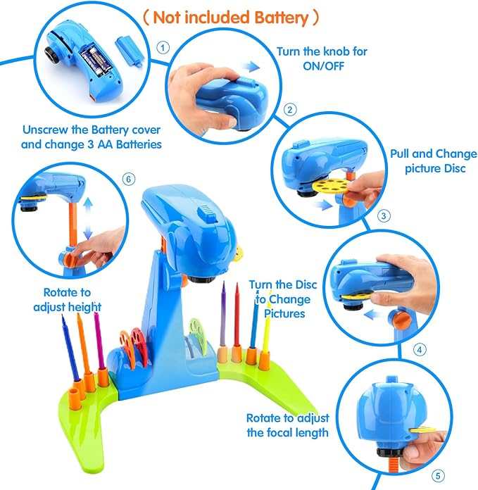Enjoy Myself Kids Projection Drawing Toy,Smart Kids Projection Drawing Sketcher with 32 Cartoon Patters,Adjustable Art Sketcher Projector with 12-Color Watercolor Pens,8-Color Erasable Pens,Blue