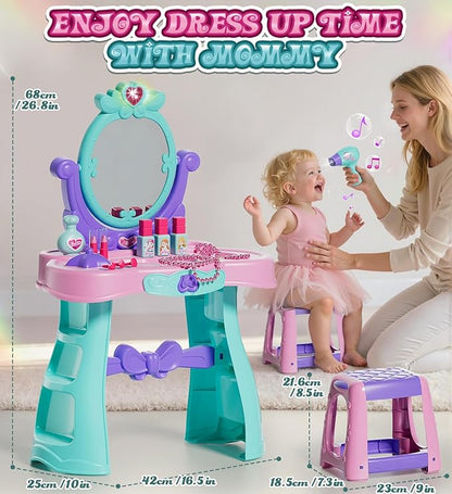 Lehoo Castle Kids Vanity Table and Chair Set with Mirror Light Music, Toddler Girls Makeup Table with Stool ＆ Hair Dryer, Pretend Play Princess Dress Up Vanity Set, Birthday Gifts for 3 Year Old Girl