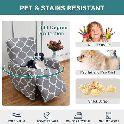 NILUOH Stretch Recliner Cover 4 Pieces Electric Power Lift Recliner Chair Cover Reclining Couch Cover Anti-Slip Fitted Furniture Protector with Side Pocket