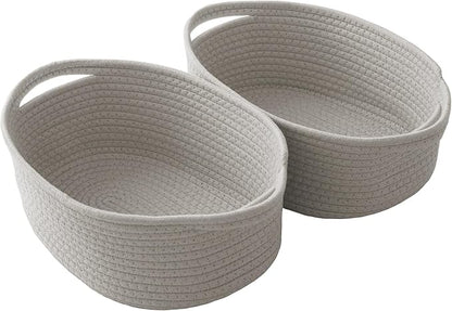 JMvicyroam Woven Basket,Small Rope Storage Bin with Handles & Ribbon Bag, Organizer for Shelves Closets,Gift Basket Empty for Birthday,Books,Dog Toys, Grey/2 Pack