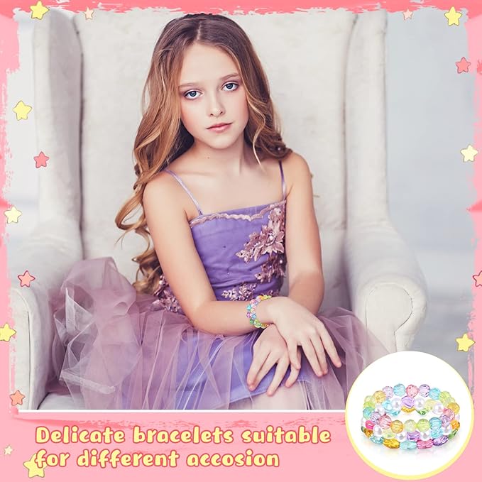 Hicarer 20 Pieces Girl Beaded Bracelets Cute Rainbow Bead Bracelets Colorful Bracelets Princess Bracelets Stretchy Bead Bracelets for Prince Birthday Present (Vivid Style)