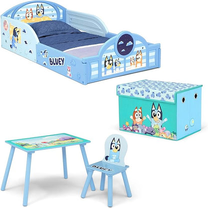 Delta Children - Bluey 4-Piece Toddler Room-in-a-Box Set – Includes Sleep and Play Toddler Bed, Table, 1 Chair and Fabric Toy Box, Blue