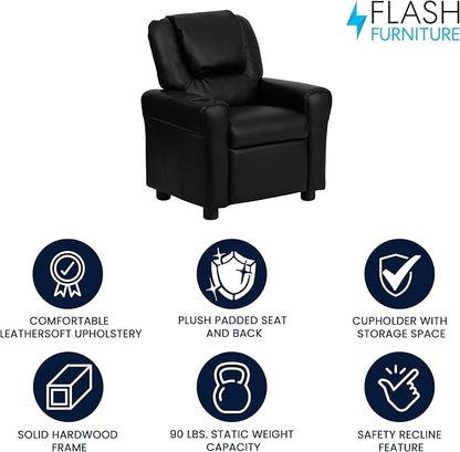 Flash Furniture Vana LeatherSoft Kids Recliner with Cup Holder, Headrest, and Safety Recline, Contemporary Reclining Chair for Kids, Supports up to 90 lbs., Black