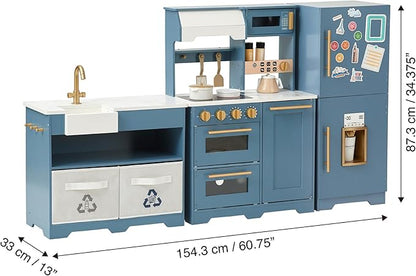 Teamson Kids Little Chef Atlanta Large Modular Wooden Play Kitchen with Interactive, Realistic Features, and 17 Kitchen Accessories, for 3yrs and up, Blue/White/Gold