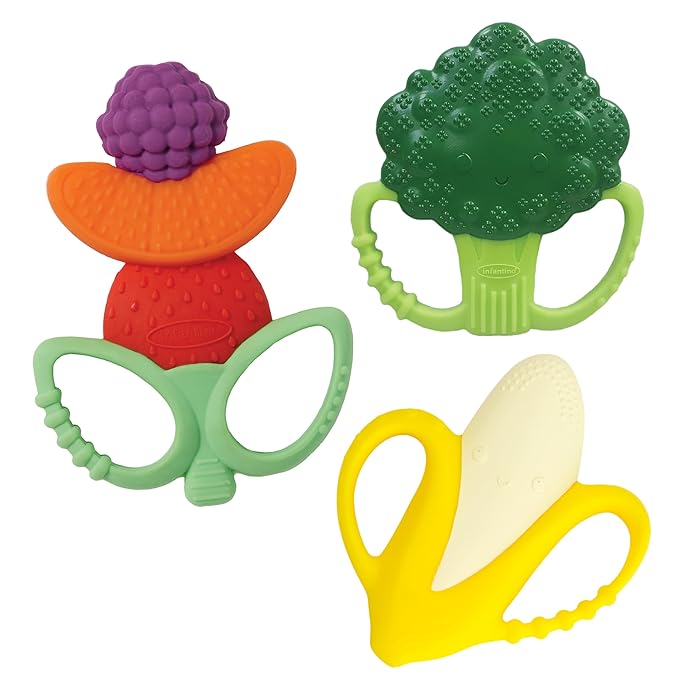 Infantino Farmers Market Teether Gift Set - Set of 3 BPA-Free Fruit & Veggie Textured Silicone Teethers for Soothing Sore Gums, Multicolor