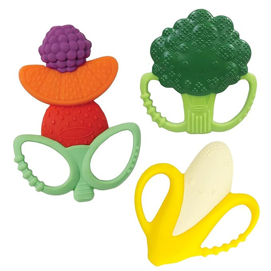 Infantino Farmers Market Teether Gift Set - Set of 3 BPA-Free Fruit & Veggie Textured Silicone Teethers for Soothing Sore Gums, Multicolor