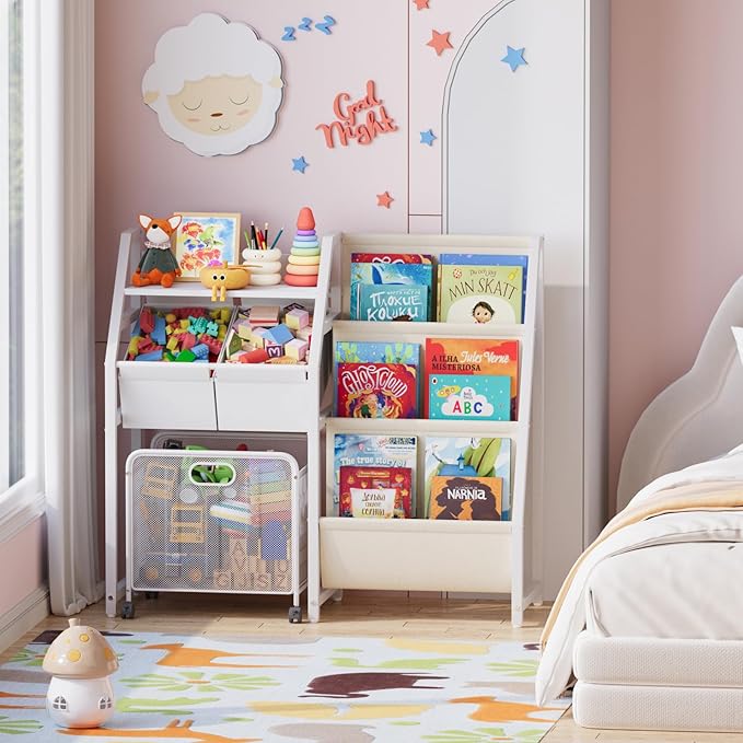 Kids Bookshelf and Toy Storage Organizer - 3 Tier Book Shelf for Kids Rooms with Movable Drawer, Kid Bookcase with 2 Toy Bins, Toddler Baby Childrens Bookshelf, for Bedroom Playroom Classroom (White)
