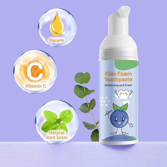 Kids Foam Toothpaste - Blueberry + Strawberry Flavor, Safe and Effective for Cleaning Teeth, Suitable for Children, 2 Pack