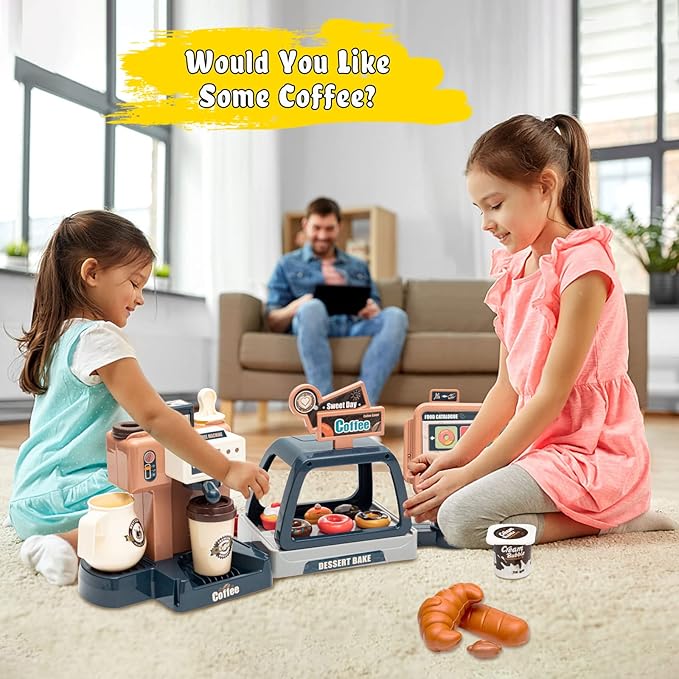 Jomifin Pretend Role Play Toy Coffee Shop for Boys and Girls with Coffee Maker Machine and Fake Donuts 41Pcs (Classic Edition)