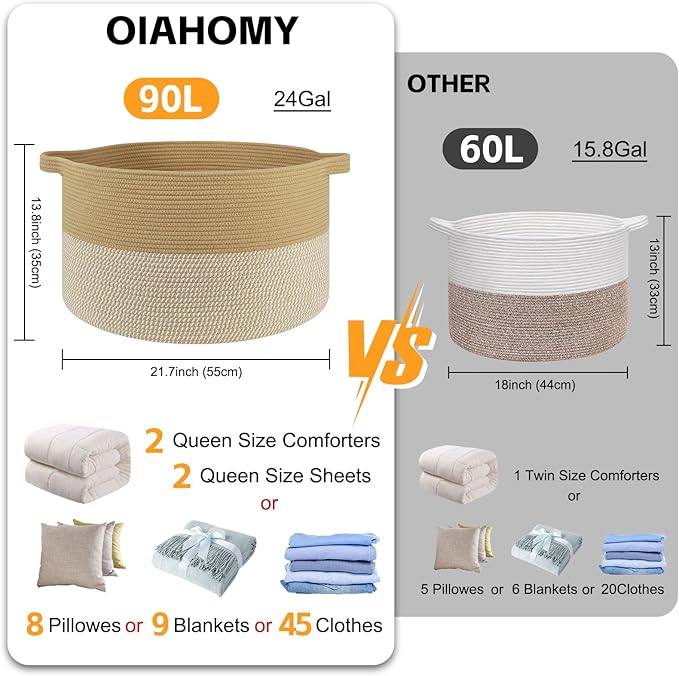 OIAHOMY 90L XXXLarge Blanket Basket for Living Room, 21.7" x 13.8" Woven Cotton Rope Laundry Basket for Organizing Pillows, Decorative Stuffed Animal Toy Storage Bin for Nursery, Jute and White