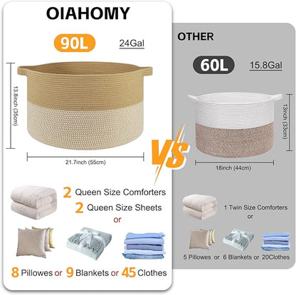 OIAHOMY 90L XXXLarge Blanket Basket for Living Room, 21.7" x 13.8" Woven Cotton Rope Laundry Basket for Organizing Pillows, Decorative Stuffed Animal Toy Storage Bin for Nursery, Jute and White