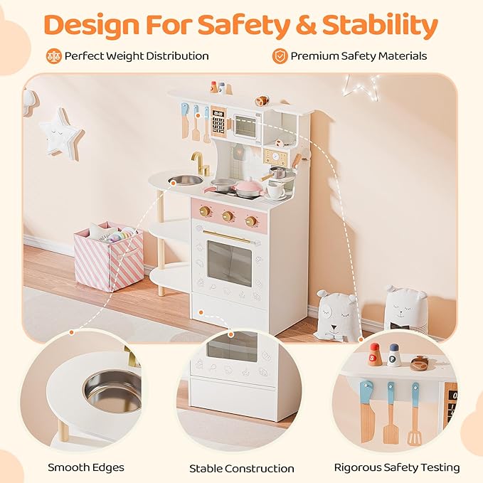 JOYMOR Kids Play Kitchen Sets, Toddler Kitchen w/Kitchen Sink & Ample Play Kitchen Accessories, Ideal for Creative Pretend Play for Children 3-10 (Cream&Gold)