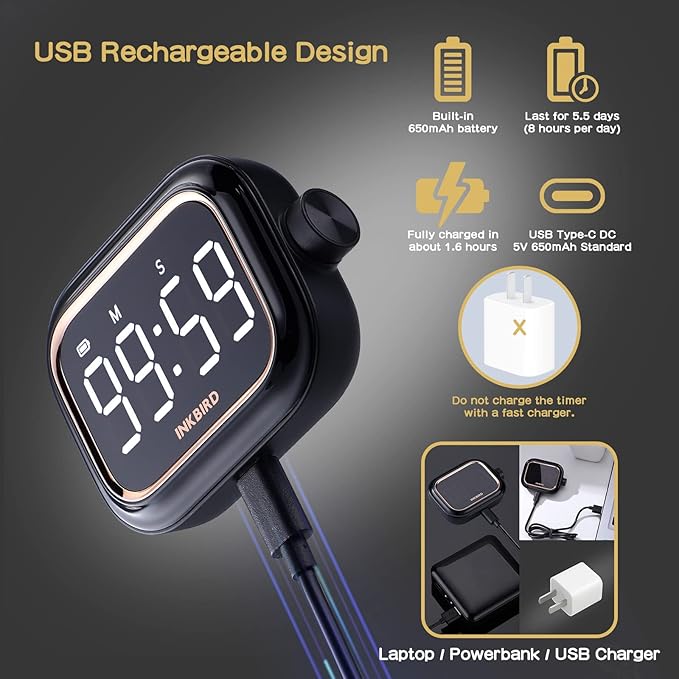 Digital Kitchen Timer for Cooking, INKBIRD Rechargeable 4-Levels Alarm Productivity Timer IDT-02 for Kids, Adults, Teachers, Large LED Smart Countdown Countup Magnetic Timer for Classroom Office