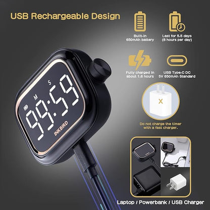 Digital Kitchen Timer for Cooking, INKBIRD Rechargeable 4-Levels Alarm Productivity Timer IDT-02 for Kids, Adults, Teachers, Large LED Smart Countdown Countup Magnetic Timer for Classroom Office