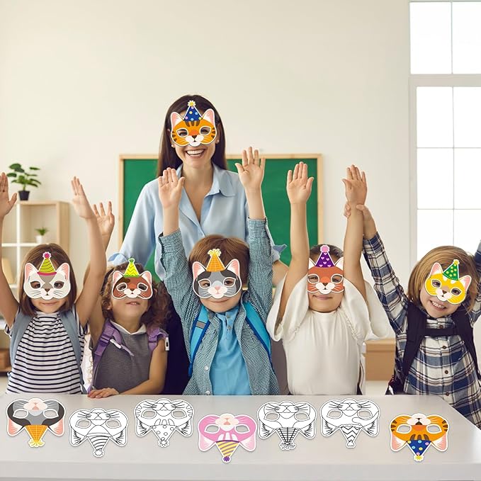 Lonfliness 36 Set Cat Coloring Mask Animal Paper Arts Crafts Kids Color Your Own Birthday Cat Blank DIY Mask Masquerade Birthday Party Dress-Up Decoration Favor School Classroom Activity Game Supplies