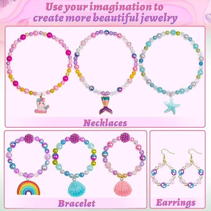 Cludoo 773Pcs Mermaid Charm DIY Beads for Jewelry Making, Unicorn DIY Bracelet Making Bead Kit for Kids Girls with Starfish Shell, Ocean Pearl Beads