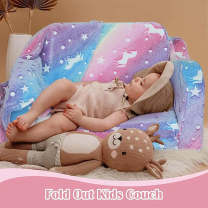 MeMoreCool Kids Fold-Out Couch, Convertible Glowing Rainbow Unicorn Flip Sofa Chair for Playroom, Toddler Lounger for Girls and Boys