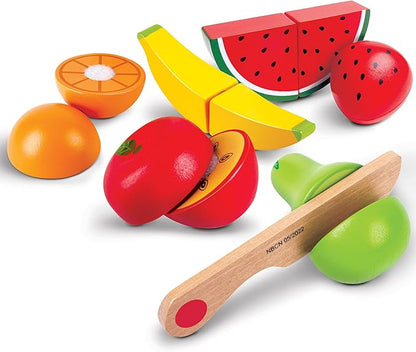 Hape: Fruit Set - 7pc, Wooden Food Play Set, Knife & Velcro Stick Together Fruit Pieces, Cut in Half, Kitchen Pretend Play, Realistic Toy, Kids Age 3+