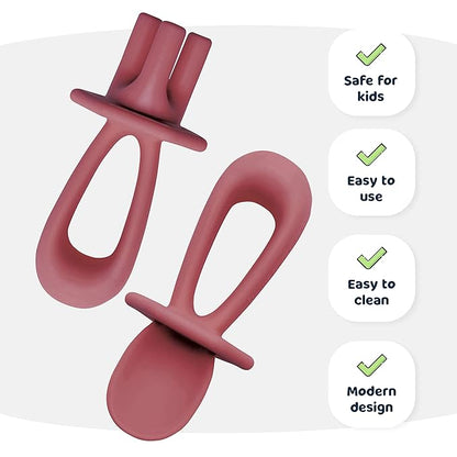 Tiny Twinkle Silicone Training Utensils, Baby Spoons and Baby Forks For Self-Feeding Training, Silicone Baby Led Weaning Utensils For Toddlers And Babies 6-24 Months, Baby Feeding Supplies (Burgundy)