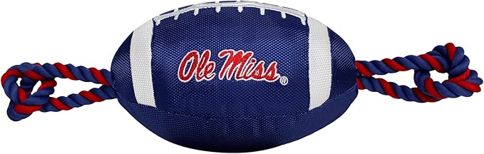 Pets First OLE Miss Football Dog Toy, Tough Quality Nylon Materials, Strong Pull Ropes, Inner Squeaker, Collegiate Team Color