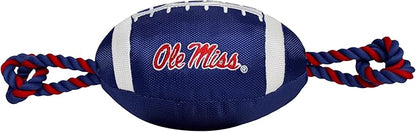 Pets First OLE Miss Football Dog Toy, Tough Quality Nylon Materials, Strong Pull Ropes, Inner Squeaker, Collegiate Team Color