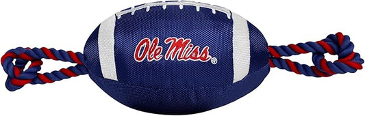 Pets First OLE Miss Football Dog Toy, Tough Quality Nylon Materials, Strong Pull Ropes, Inner Squeaker, Collegiate Team Color
