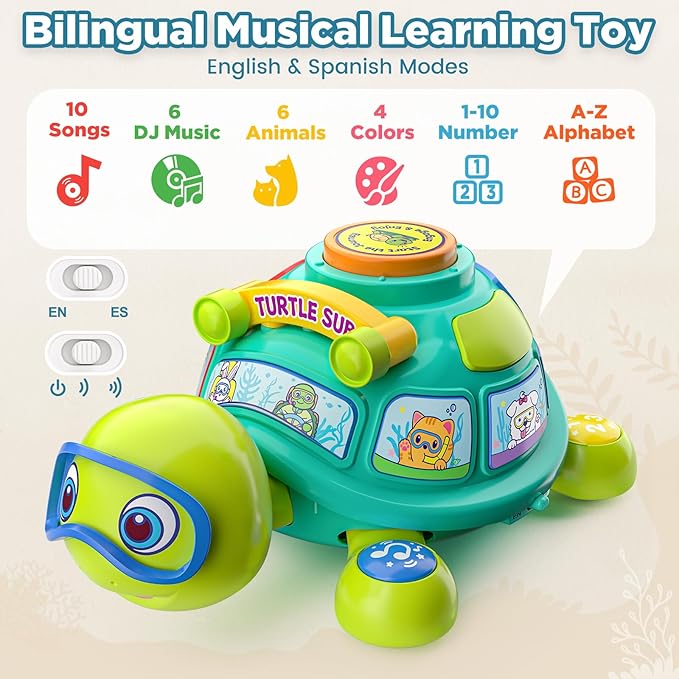Vahome Musical Crawling Turtle Toy for Babies 3–12 Months, Light-up Educational Baby Toy for 6 7 8 9 10-12 Month Old Boy Girl, Bilingual Development Infant Gifts for 3 4 5 6-12 Months (Green)