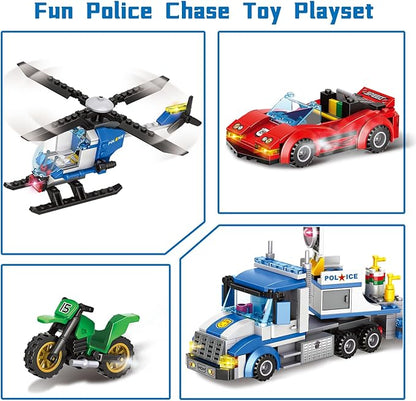 City Police Truck and Trailer Building Sets, Compatible with Lego Police Car with Tow Truck, Helicopter, Car, Motorcycle, Police Chase Building Blocks Toy Set Gift for Boys Aged 6-12, 509 PCS